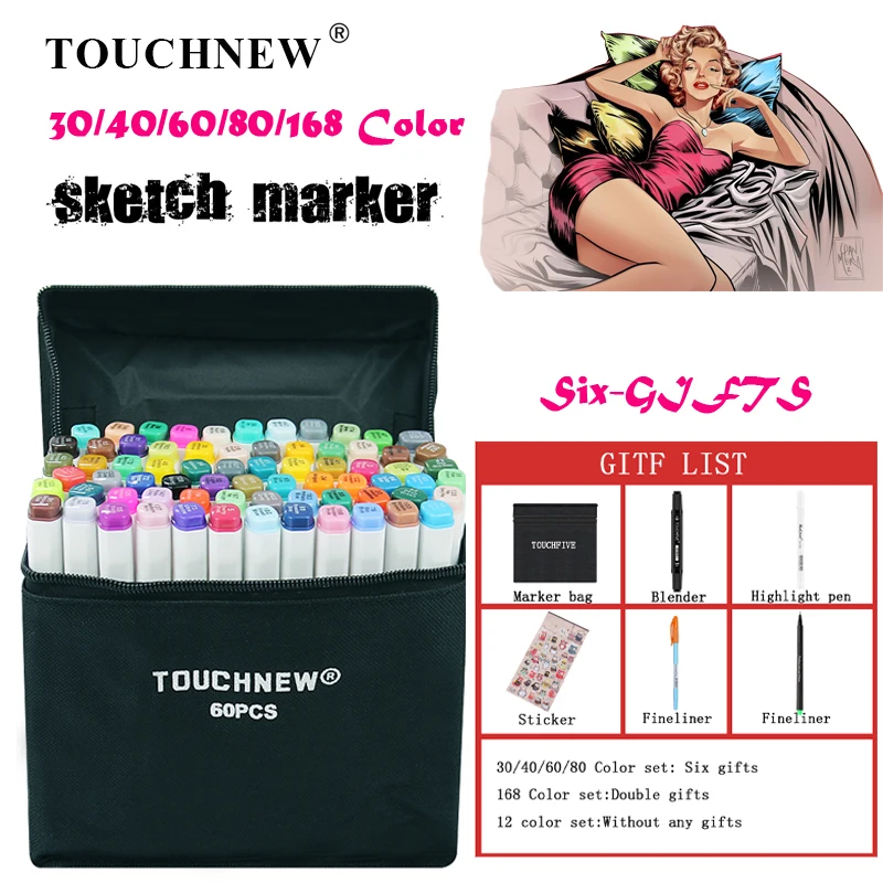 

TOUCHNEW 30 40 60 80 Colors Dual Head Marker Pen Set Sketch Markers Brush Pen for Draw Manga Design Art Supplies Fineliner Pen