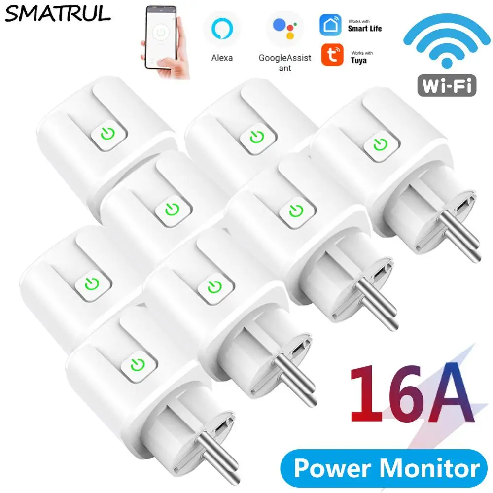 SMATRUL Tuya WiFi 16A EU Smart Plug 220V Adapter Wireless Remote Voice Control Power Monitor Timer Socket for Google Home Alexa