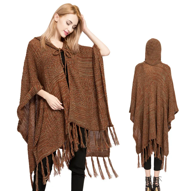 

SWYIVY Women Sweater Coat Ladies Knitted Warm Tassel Hooded Shawl Loose Casual Cloak Cardigan Women Capes Ponchos Poncho Cape