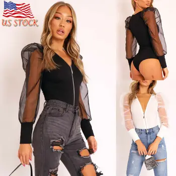 

2019 Brand New Fashion Sexy Women Puff Sleeve Bodysuit Solid Leotard Bodycon Jumpsuit Romper Top