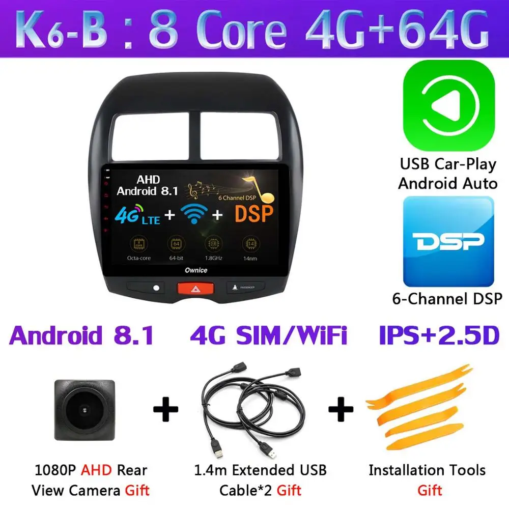 360 ° панорамный 4 × AHD DVR камера Android 9,0 8 ядерный 4G+ 64G gps Navi Радио CarPlay DSP плеер для Mitsubishi ASX 2010- стерео - Цвет: K6-B-CarPlay