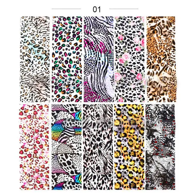 Pattern-01 10 шт./компл. леопардовая Фольга для ногтей дизайн ногтей перевод рисунка наклейка s наклейки ногти дизайнерские украшения 20*4 см DIY стикер украшения - Цвет: Pattern-01