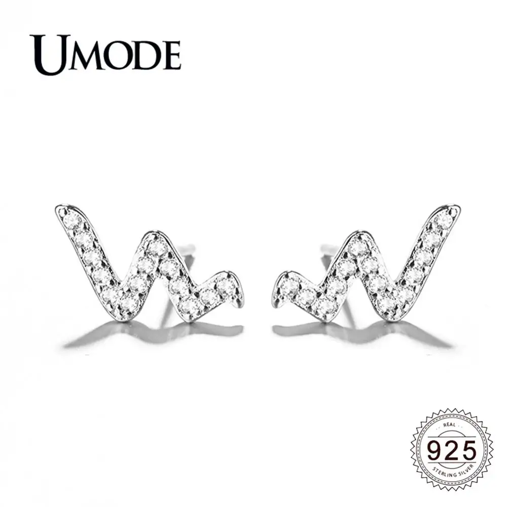 UMODE New 925 Sterling Silver W Letters ECG Stud Earrings for Women Unique CZ Zircon Party Silver Jewelry Brincos ALE0623