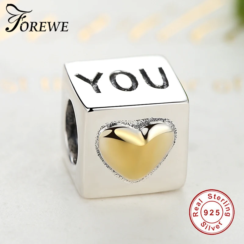 Forewe серебряный шарм 925 пробы Золотое сердце Квадратные бусины подходят браслеты и браслеты Ювелирное Украшение ручной работы изготовление