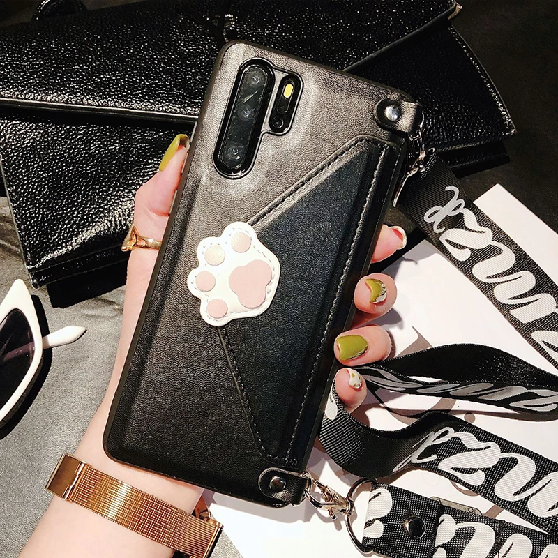 Claw Black WithStrap Кожаный чехол-кошелек с 3D изображением когтей кошки губ Для huawei P20 Lite P30 Pro mate 20 20X Honor 10 Nova 5 чехлы с сердечками+ ремешок - Цвет: Claw Black WithStrap