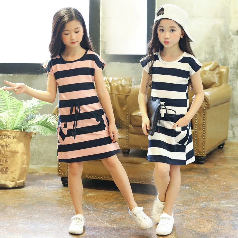 Vestido a rayas para vestidos de verano con paquete, estilo informal, para playa, ropa para niñas adolescentes para 4, 6, 8 y 10 años| Vestidos| - AliExpress