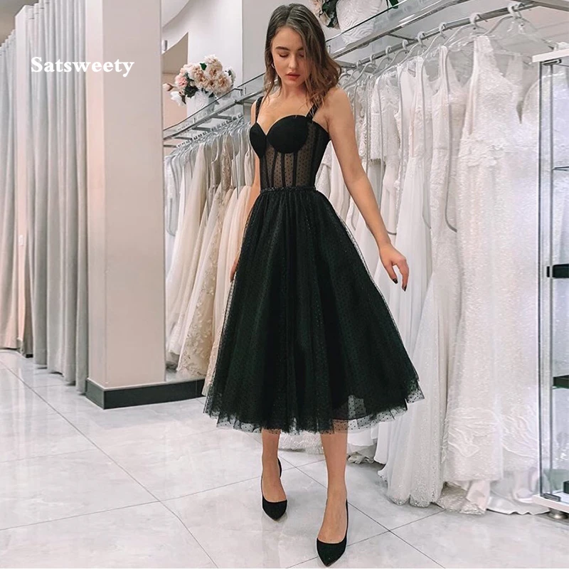 

New Arrival Illusion Black Prom Dress Spaghetti Strap Polka Dot Tulle Tea Length Formal Party Gowns Short Vestido De Festa 2020