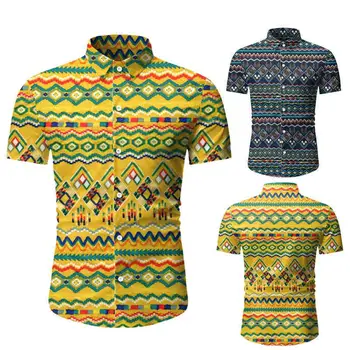 

2020 New Men's Slim National wind Printed Shirts Male yellow navy blue Short Sleeve Shirt Men Basic Tops Casual Plus Size Shirts