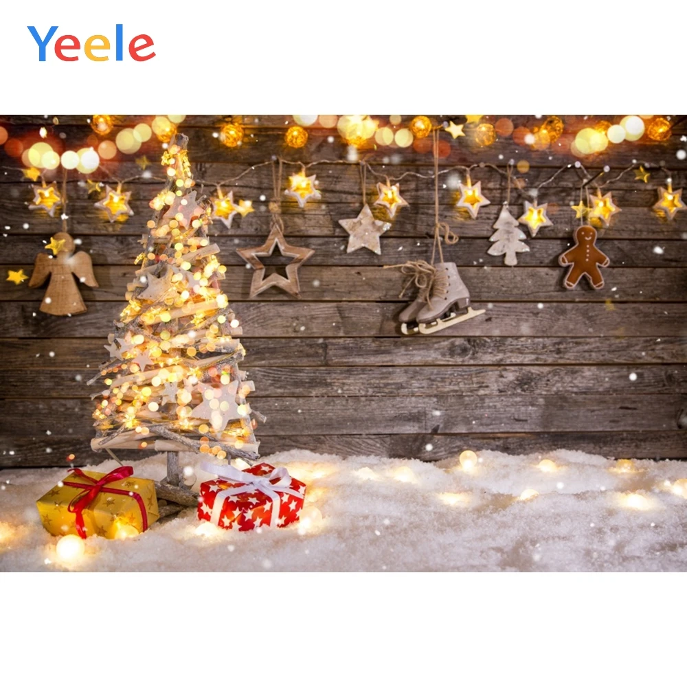 

Yeele Christmas Tree Gift Lamp Star Snow Wooden Board Photography Backgrounds Customized Photographic Backdrops for Photo Studio