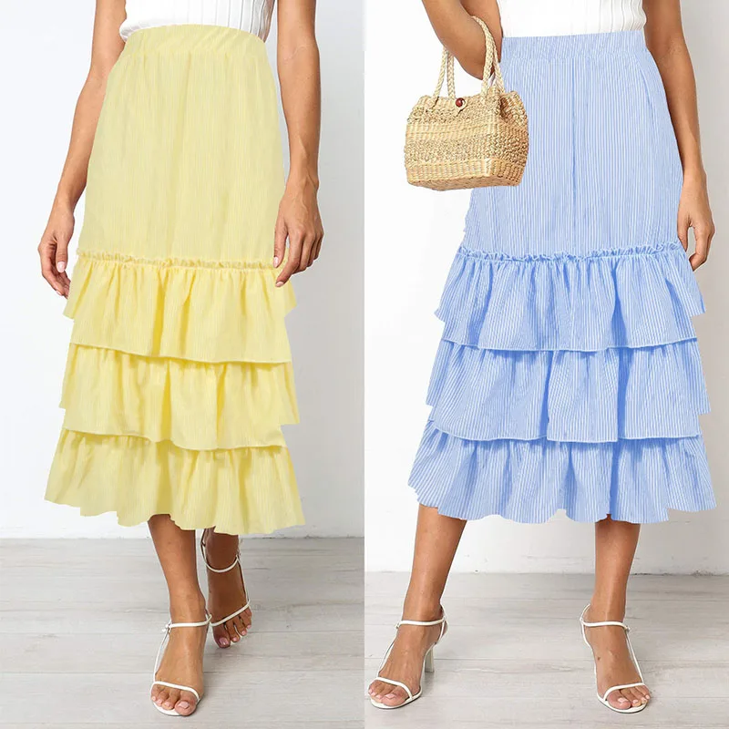 Droppshiping Женская многослойная миди юбка дышащая с высокой талией, в полоску многослойная юбка трапециевидной формы с оборками J55