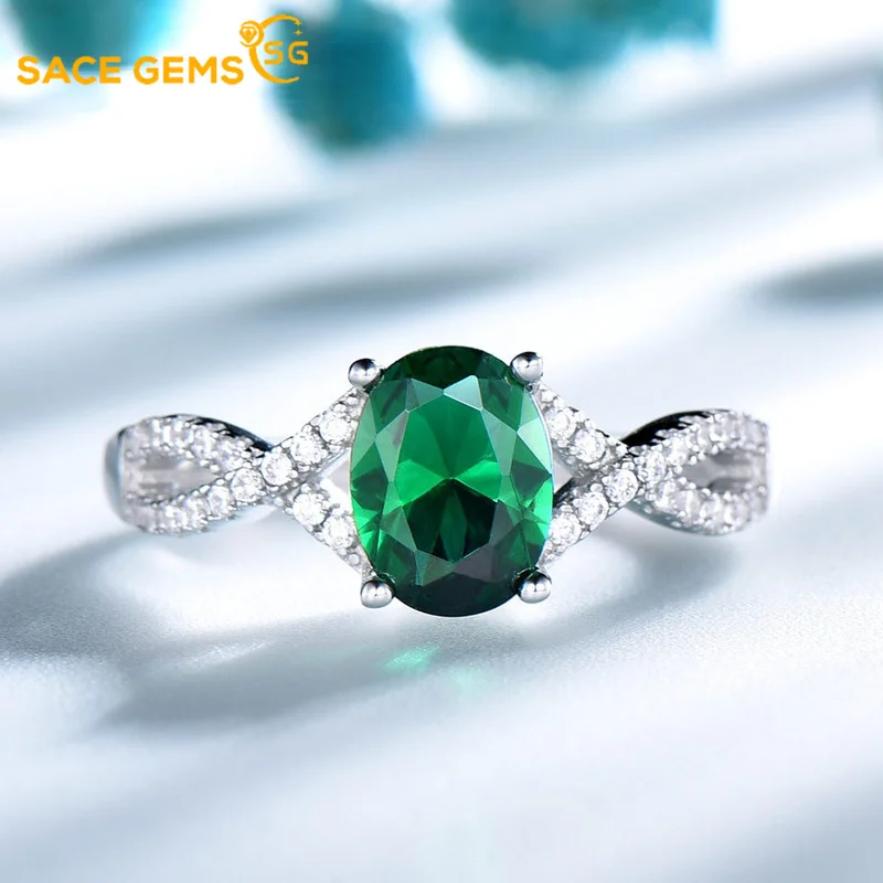 

SACE GEMS Solid 100% 925 Sterling Silver Rings for Women Created Emerald Gemstone Ring Wedding Engagement Band Fine Jewelry