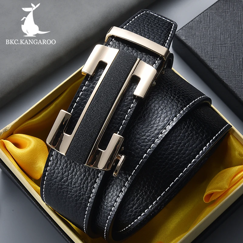 

Cinturón para hombre BKC. KANGAROO con hebilla automática de cuero genuino de marca de lujo cinturones masculinos correa negra Cinturón de piel de vaca natural original para hombre