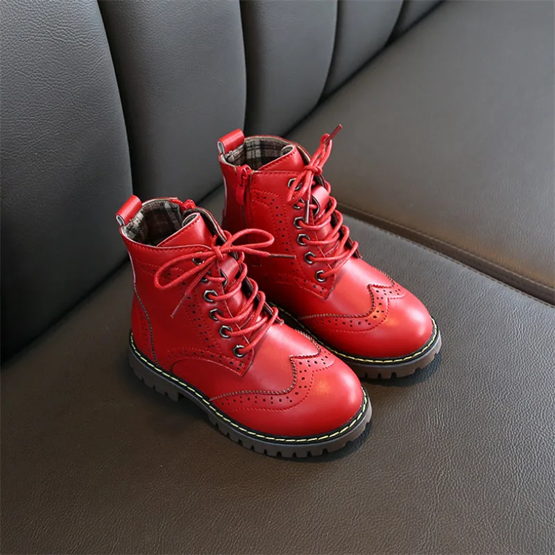 Зимние детские ботинки из искусственной кожи; водонепроницаемые ботинки martin; обувь для детей; зимние ботинки; брендовые резиновые ботинки для мальчиков и девочек; модные кроссовки - Цвет: Красный