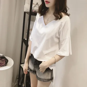 

2020 Summer Wear New Style Korean-style Solid Color Loose-Fit V-neck Camisole Short Sleeve T-shirt Large Size Women's on Clothes