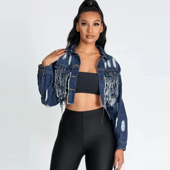 

New Spring Autumn Ripped Hole Fringed Tassel Denim Jacket Coat 2019 Harajuku Loose Long Sleeve Jean Jacket Coat Steetwear Female