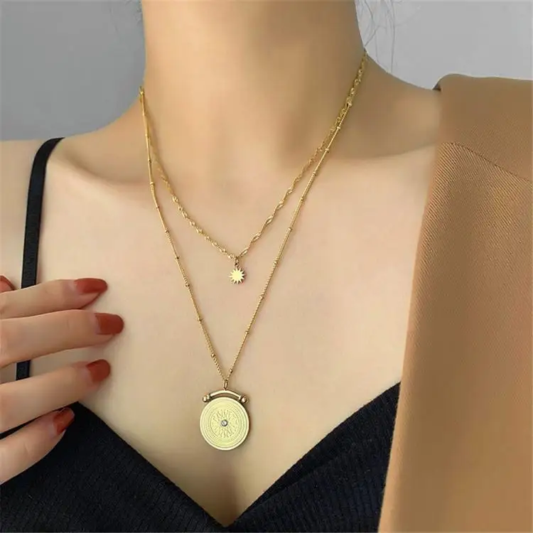 

High Quality Titanium Steel 18k Gold Plated Roman Round Pattern Superimposed Double-layer Necklace For Women