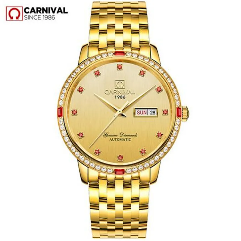 

Carnival Watch Men Red Diamond Dial Automatic Mechanical Watch Stainless Steel Waterproof Week Date Gold Watches reloj hombre