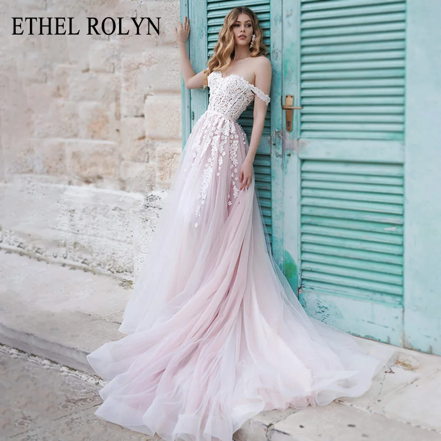 

ETHEL ROLYN Pink A Line Wedding Dress 2020 Lace Up Appliques Chapel Beach Bride Dress With Sleeves Vestido De Noiva Bridal Gowns