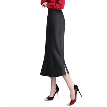 

Skirt Women High Waist Silky Bag Hip Skirt Satin A Line Mid-long Solid Color Skirt