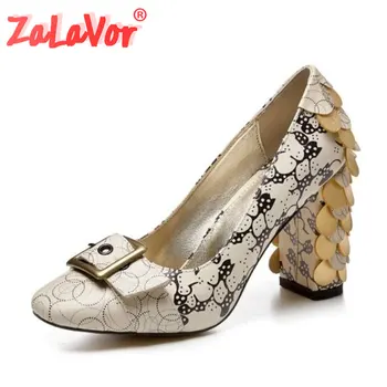 

ZALAVOR Fashion Women Pumps Shoes Real Leather Print Buckle Shoes Women Square Toe Thick Heels Catwalk Show Footwear Size 34-43