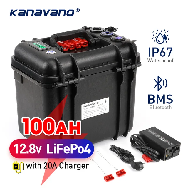 IP67 Waterproof 12V 100Ah LiFePO4 Rechargeable Lithium Iron Phosphate Battery Pack Built-in Bluetooth BMS for Trolling Motor
