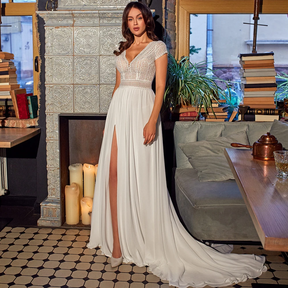 

Classic Chiffon A Line Wedding Dress with Side Split Ladies Lace Short Sleeve V Neck Bridal Gown Sweep Train Custom Made