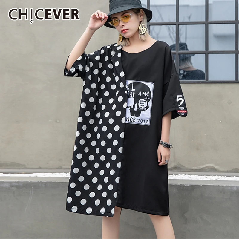 CHICEVER Patchwork Dot Print Dress For Women O Neck Half Sleeve Casual ...