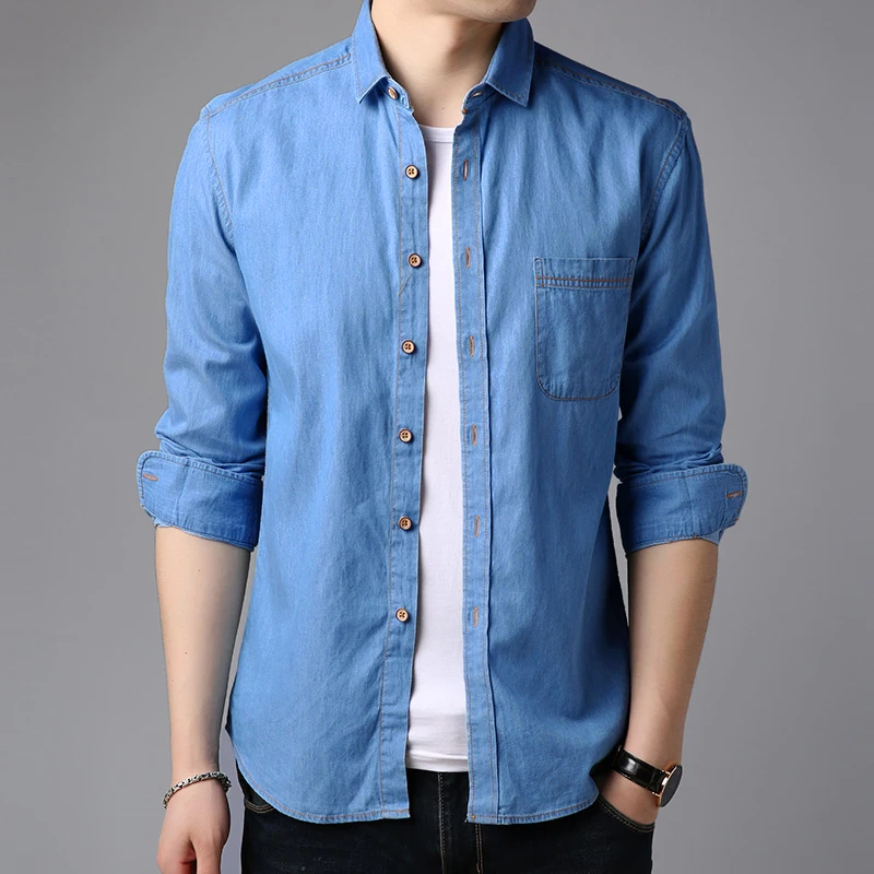 Casual Men Denim Shirt Long Sleeve Pure Cotton Slim Fit Jeans Blouse Man Dress Shirts Fashion Design Solid Color