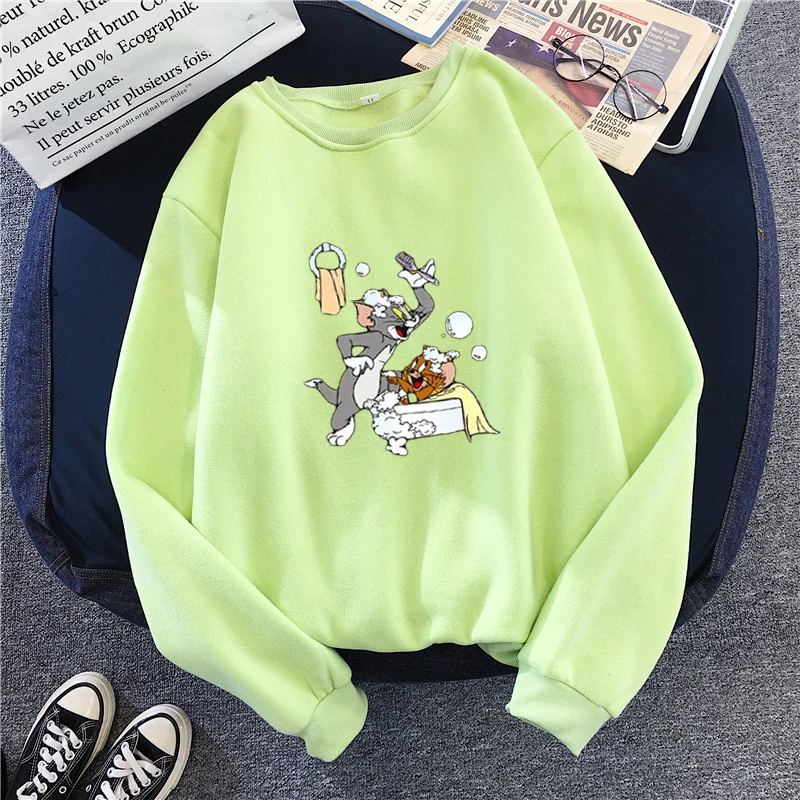 Зеленый Женская толстовка с капюшоном Tom& Jerry, милый мультяшный пуловер, спортивный костюм, Harajuku, эстетическая толстовка с капюшоном, Kawaii, уличная одежда, негабаритная толстовка с капюшоном - Цвет: Зеленый