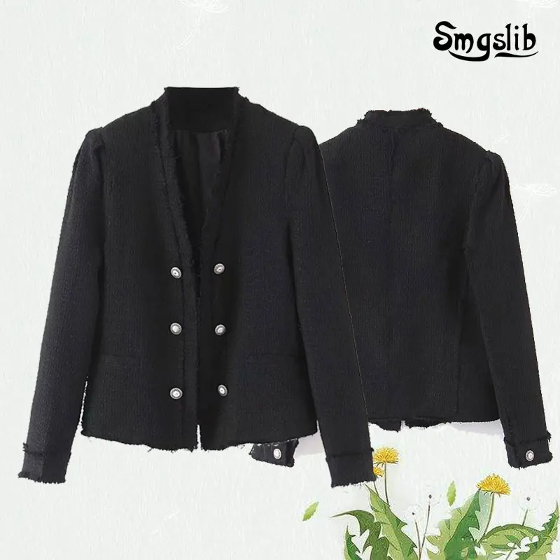 

Vintage women black tweed loose suit jackets elegant ladies short style long sleeve coats female feminine outwear 2019 fashion