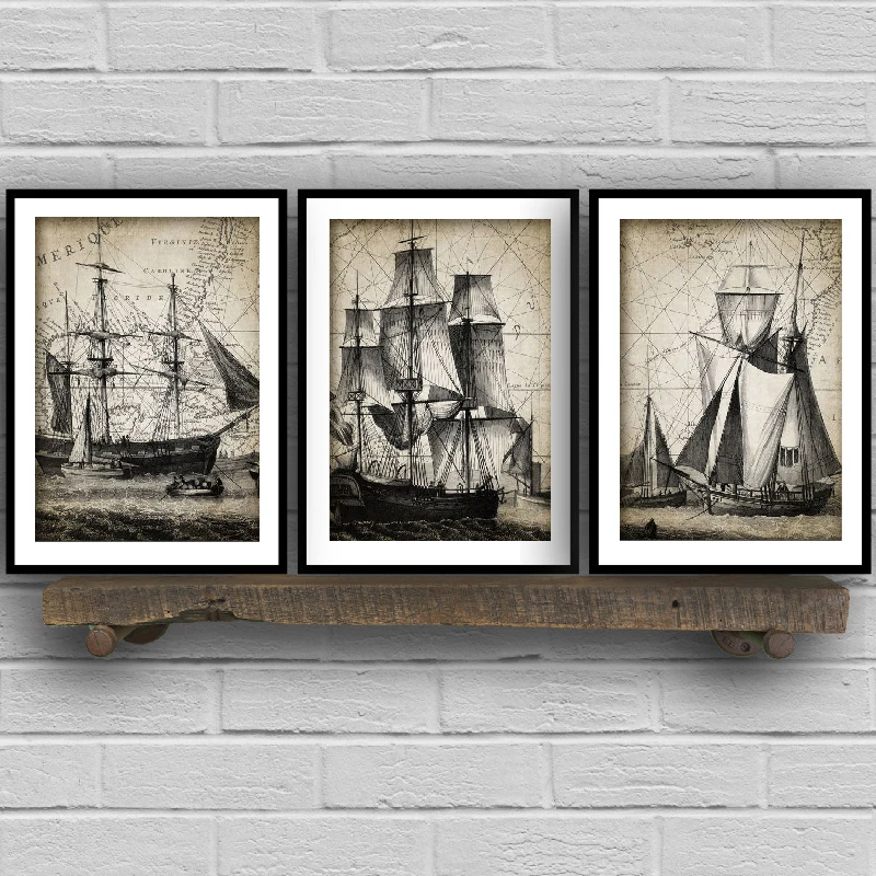 Vintage Sailing Ship Triptych Set Of 3 Poster Home Decoration