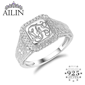 

AILIN 925 Sterling Silver Cubic Zirconia Couple Ring Women Custom 1-3 Letter Rings Personalized Monogram Promise Jewelry Gifts