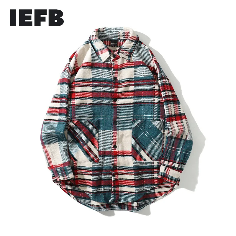 Lattice Shirt Oversize Iefb/vintage Spring Cltohing Woolen Mens New Tide Red for Male