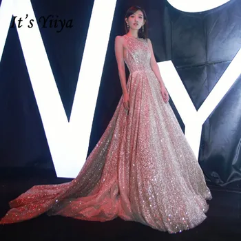 

It's Yiiya Evening Dress Elegant O-neck Sequins Evening Dresses Shining Backless Train Formal Gowns Long robe de soiree LF130