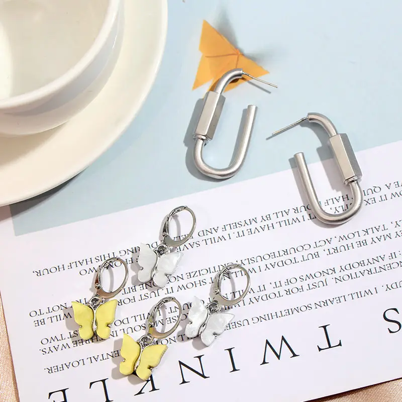 JJFOUCS 3Pair/Set Trendy New Silver Color Carabiner Drop Earring For Women Acrylic Resin Butterfly Dangle Sets Jewelry | Украшения и