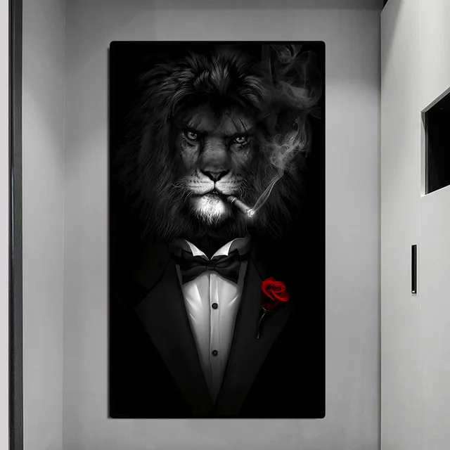 anvas Art Poster Stampe Funny Animal Black White Lion In Suit CAAnimali astratti Dipinti su tela Sul muro Immagini artistiche 10x20cm x3 Senza cornice 4x8in 