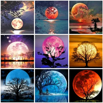 

Huacan 5d Diy Diamond Painting Landscape Mosaic Moon Farmhouse Home Decor Embroidery Scenery Diamond Art