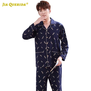 

Blue Man Clothes Spring Autumn Homesuit Homeclothes Sleepwear Fashion Style Casual Style Pajamas Set Turn Down Collar Big Size