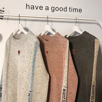 

Winter New High Collar Sweater Men Warm Fashion Embroidery Casual Knit Pullover Wild Loose Long Sleeve Sweater Male Clothes