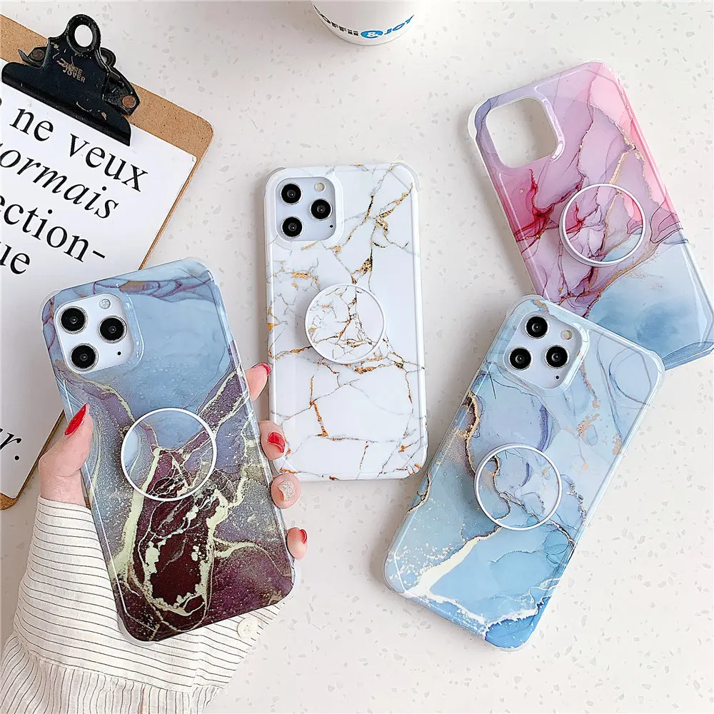 Grip Stand Holder Marble Phone Case For iphone 13 11 XR X XS 12 Mini Pro Max 7 8 Plus SE 2020 Shockproof Silicone Back Cover | Мобильные