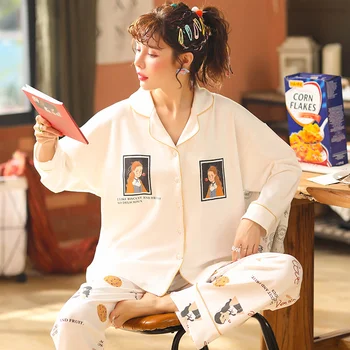 

Women's Knitted Long Sleeve Long Pants Two Piece Set Pajamas for Women's Summer and Autumn Cotton Loose Style Printing Pajamas