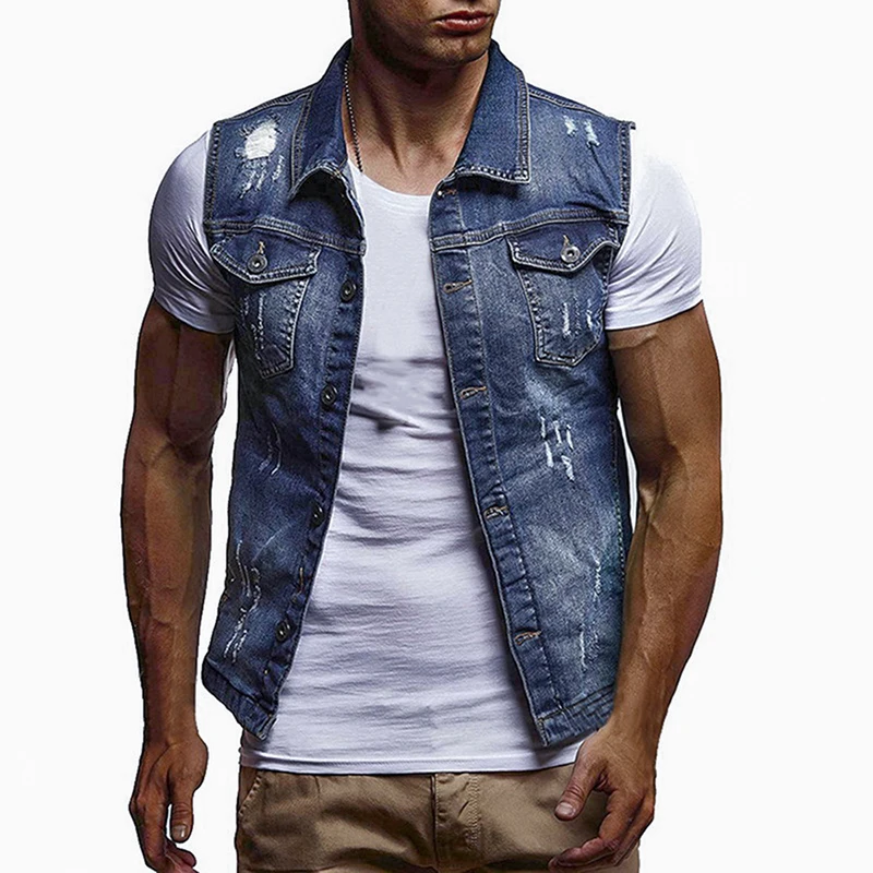 Men's Sleeveless Jeans Jacket Vest Coats Autumn Cowboy Waist Coat Denim Jeans Vest Hip Hop Streetwears Pocket Fashion Vest