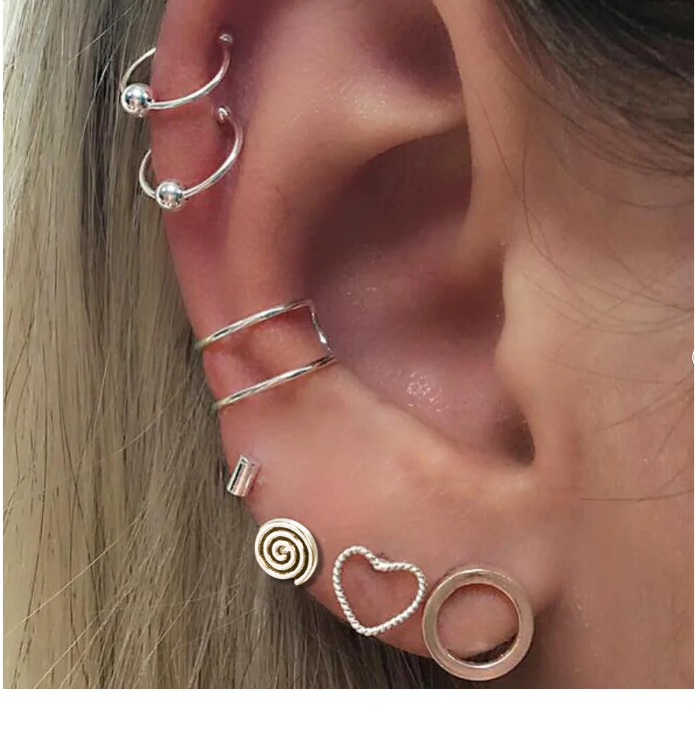 

7PCS/Set Vintage Stud Earrings Ear clip Set Women Lovely Charms Collection Heart-shaped Circles Jewelry Bohemian retro