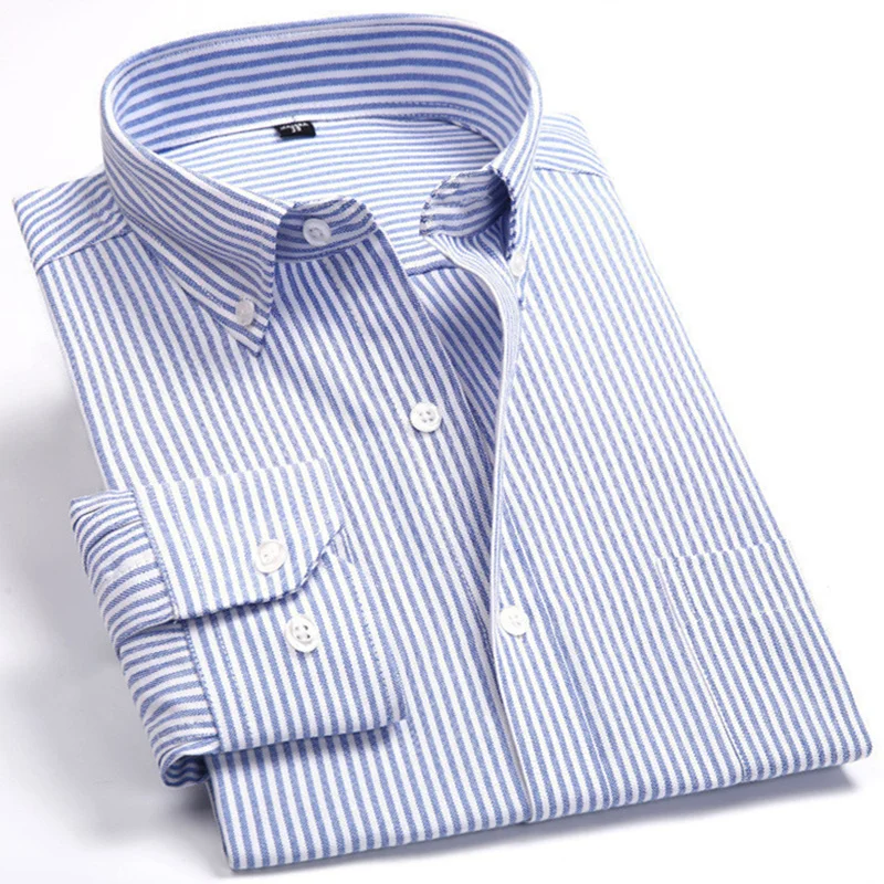 Shirt Collar Oxford Button-Design Long-Sleeve Autumn Striped Spring Mens Casual Blue