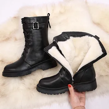 

New Arrivals Big Size 43 Genuine Leather Skidproof Sole Outdoor Keep Warm Plush Wool Snow Boot Chic Winter Shoes Boots Women