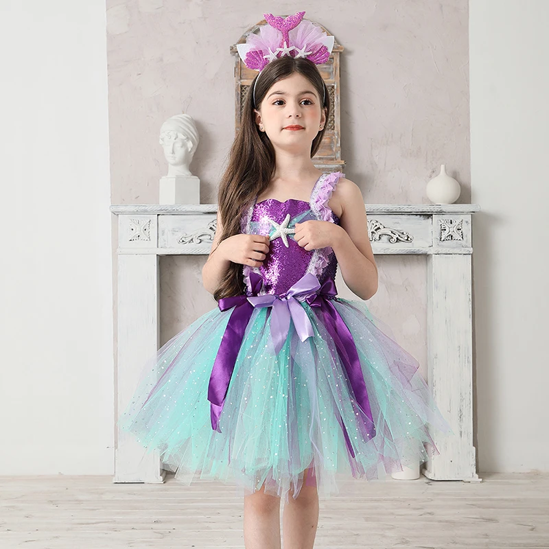 Mermaid Teal and Pearls Sparkly Tutu Dress for Girls Birthday Party Pageant Princess Dresses Kids Starfish Halloween Costume (7)