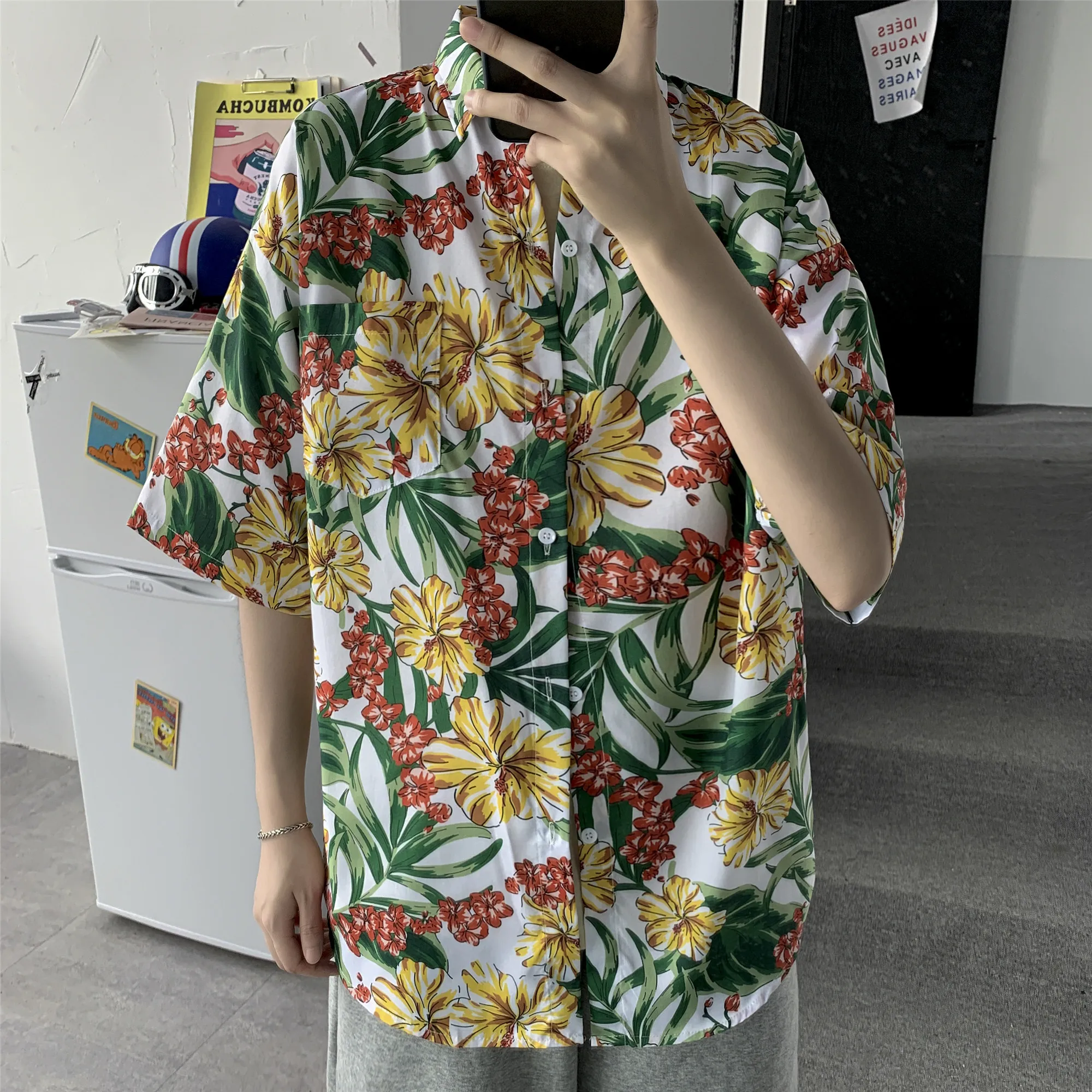 Men Summer Shirt Beach Style Green Leaves Printed Hawaiian Shirts Casual Short Sleeve Turn Down Collar Tops Camisa Homme