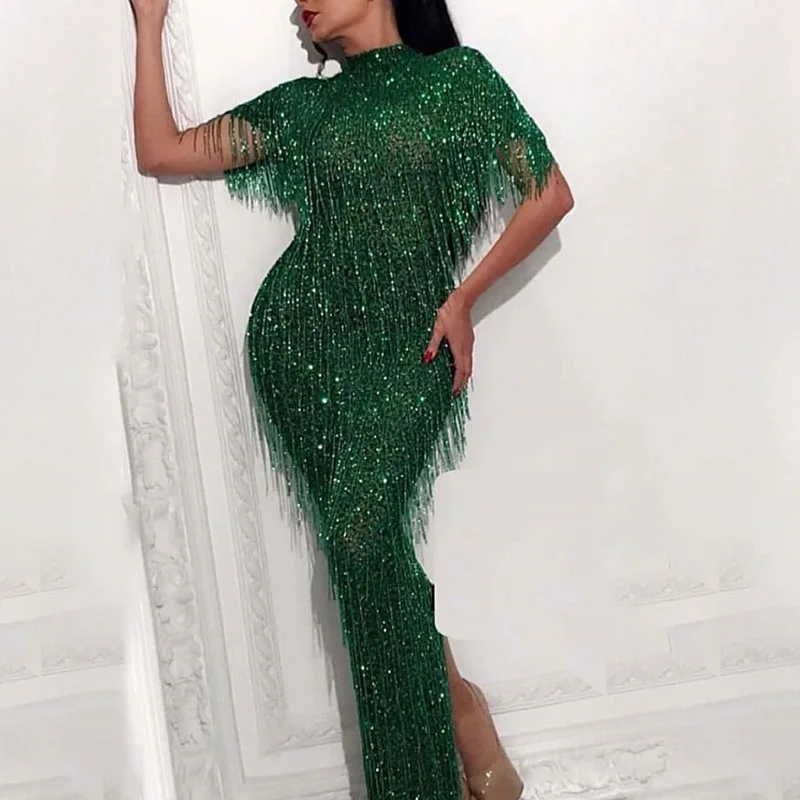

2019 round neck sexy dress adult female short sleeve tassels evening dress sequins sexy party nightclub tight evening dress