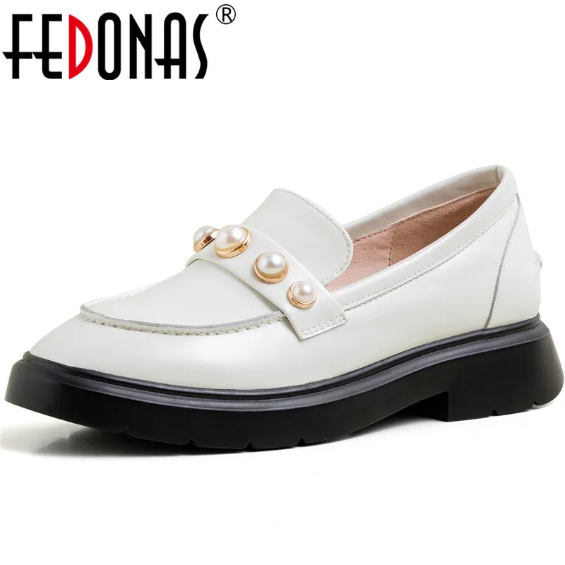 

FEDONAS Women Square Toe Pumps Cow Leather Casual Working Shoes Spring Summer Rhinestone Pearl Decoration Famale Shoes Woman