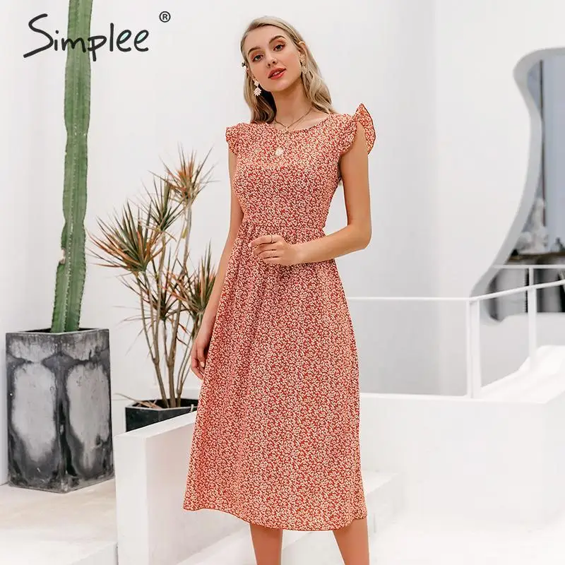 Simplee Bohimian style women summer midi dress Elegant floral print female long sundress A-line ruffle ladies beach midi dresses Simplee Bohimian style women summer midi dress Elegant floral print female long sundress A-line ruffle ladies beach midi dresses